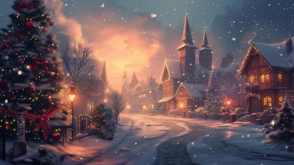 Enchanted Christmas Eve in a Snowy Town wallpaper