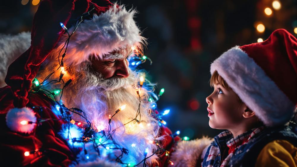 Santa's Enchanted Encounter with a Joyful Child's Gaze wallpaper