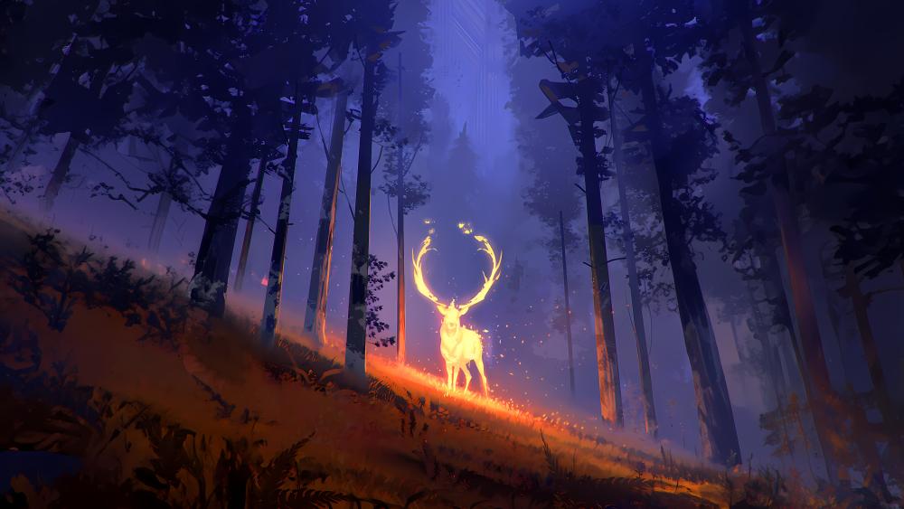 Mystical Luminescent Stag in Enchanted Forest wallpaper