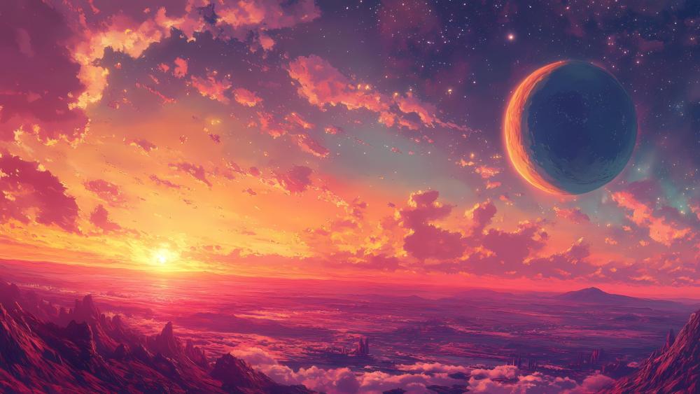 Sci-Fi Sunset Over Alien Landscape wallpaper