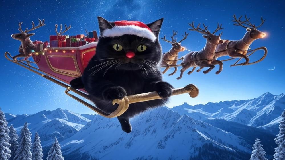 Black Cat's Magical Sleigh Ride wallpaper