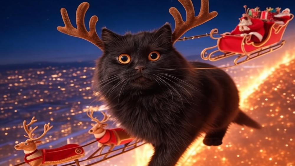 Black Cat Christmas Reindeer Adventure wallpaper