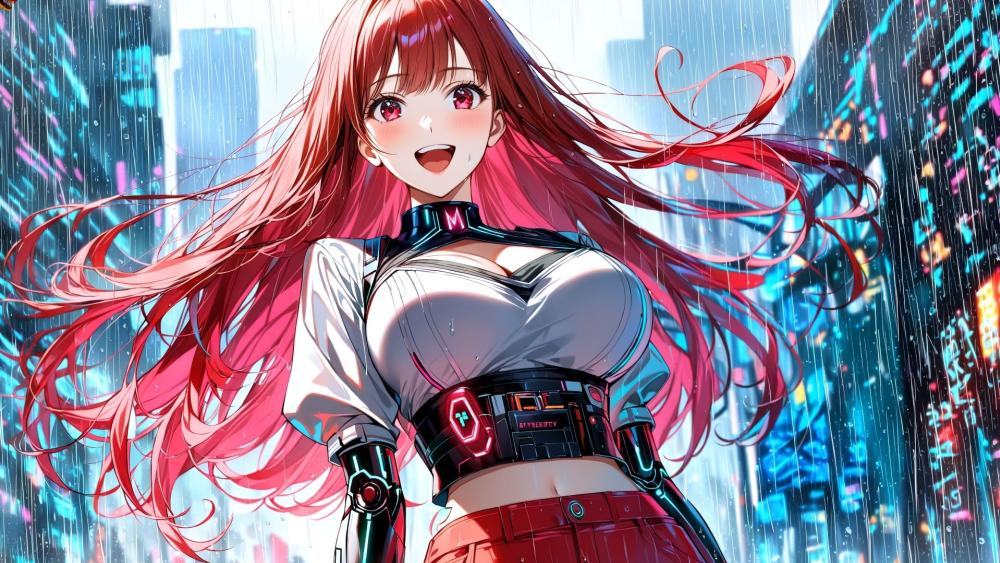 Anime Girl in Rainy Cityscape Magic wallpaper