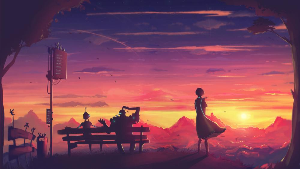 Sunset Serenity with Robots wallpaper