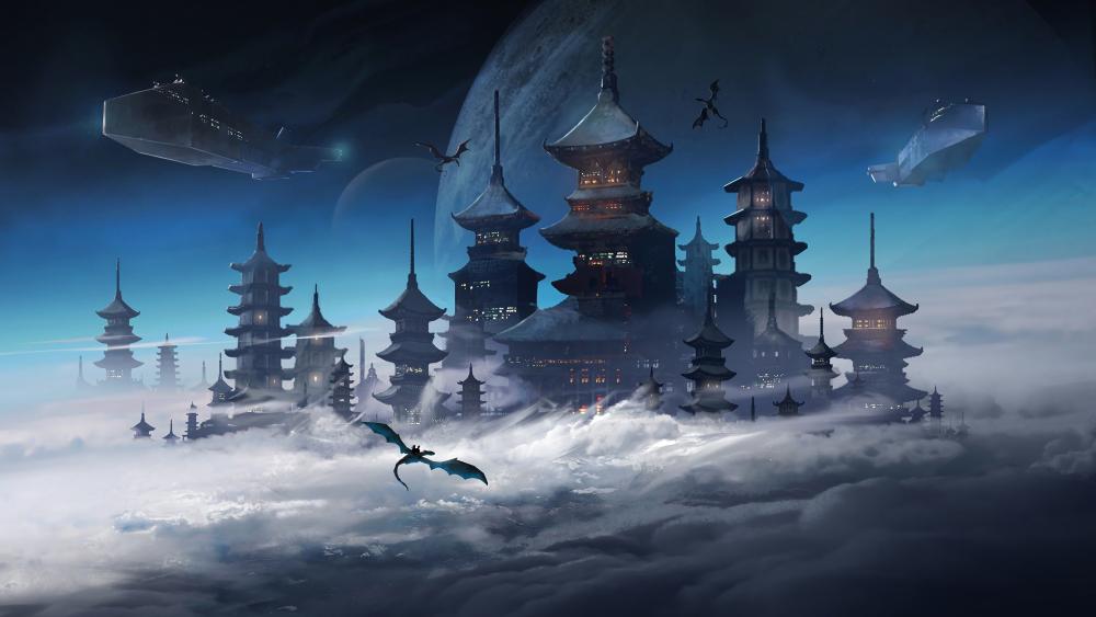 Floating Castle in a Futuristic Sky Realm wallpaper