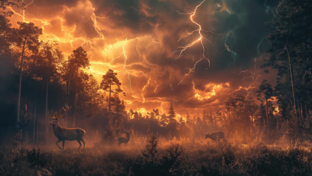 Majestic Stags in Electrifying Storm wallpaper