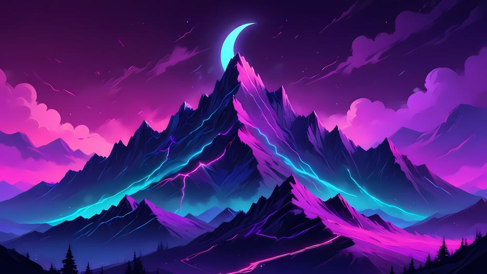 Purple Peaks Beneath the Crescent Moon wallpaper