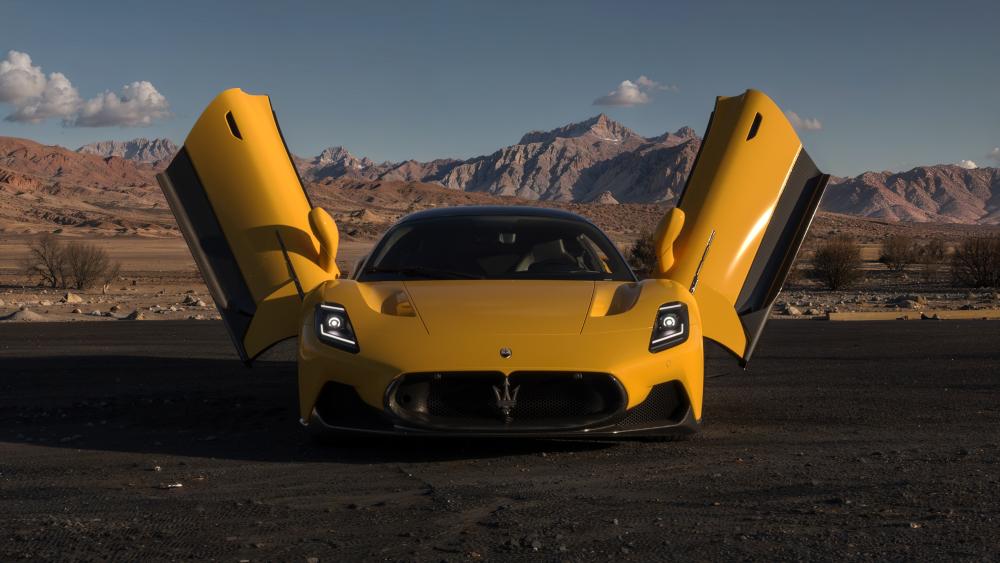 Yellow Supercar in Desert Landscape wallpaper