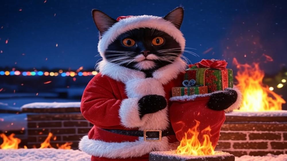 Santa's Feline Helper on a Chimney Adventure wallpaper