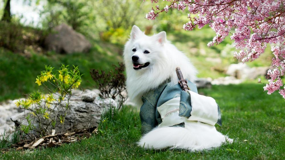 White Spitz in Spring Blossom Garden wallpaper