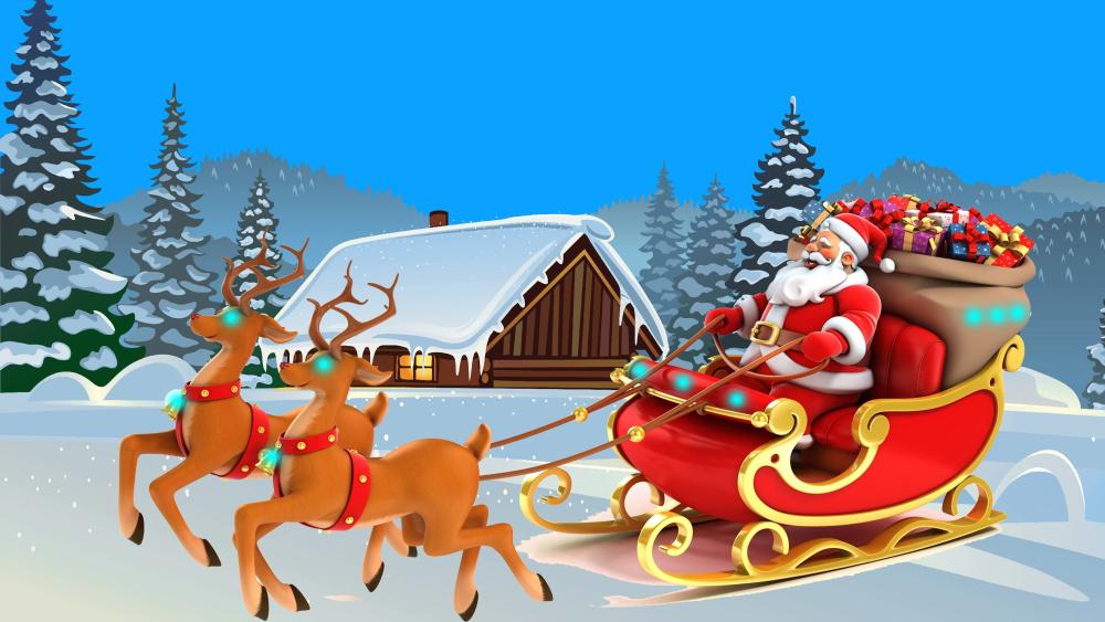 Santa's Joyous Sleigh Ride in Winter Wonderland wallpaper