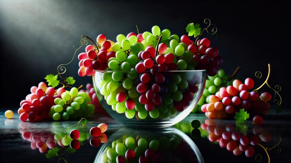 Glass bowl of grapes on a reflective surface wallpaper