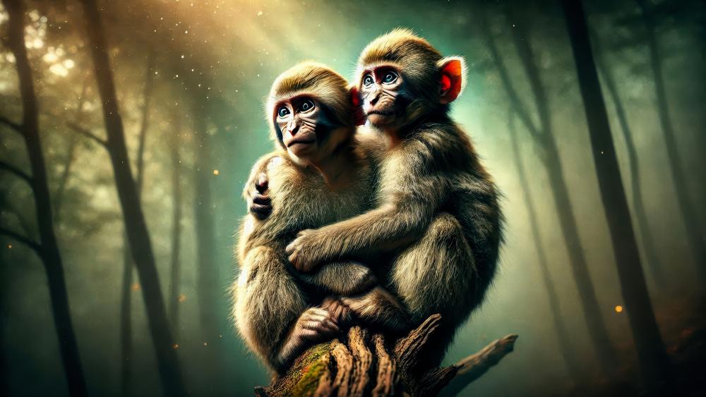 Two macaque monkeys close to each other wallpaper