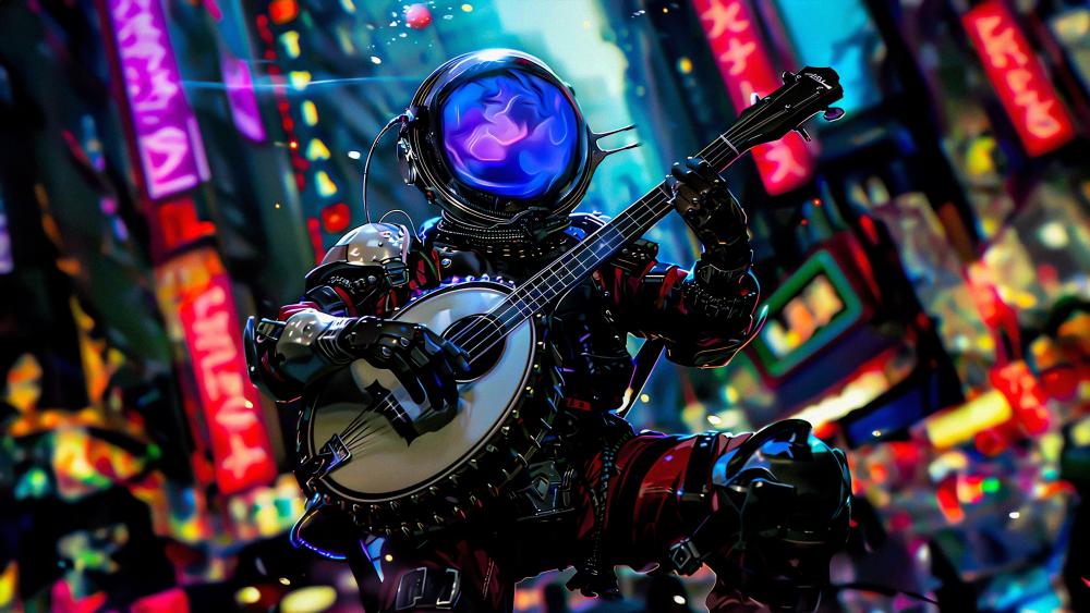 Astronaut Jams in Neon Cyberpunk City wallpaper