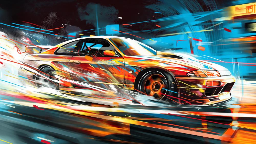 Nissan Skyline Drifting in Vibrant Motion Art 4K wallpaper