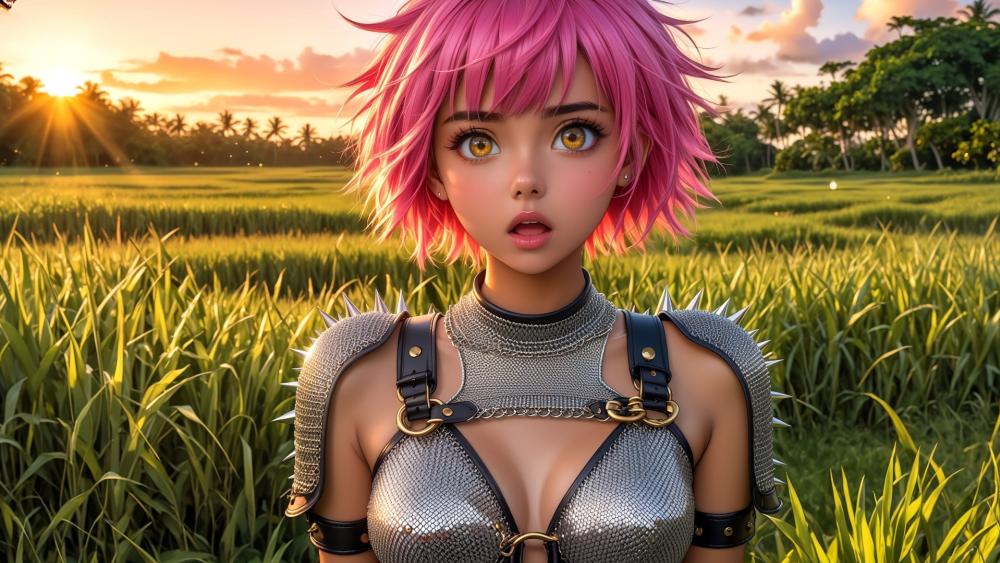 Fantasy Sunset Guardian with Pink Hair wallpaper