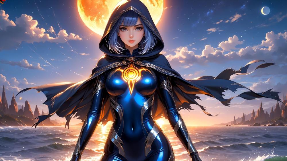 Enigmatic Moonlit Sorceress in Blue Attire wallpaper