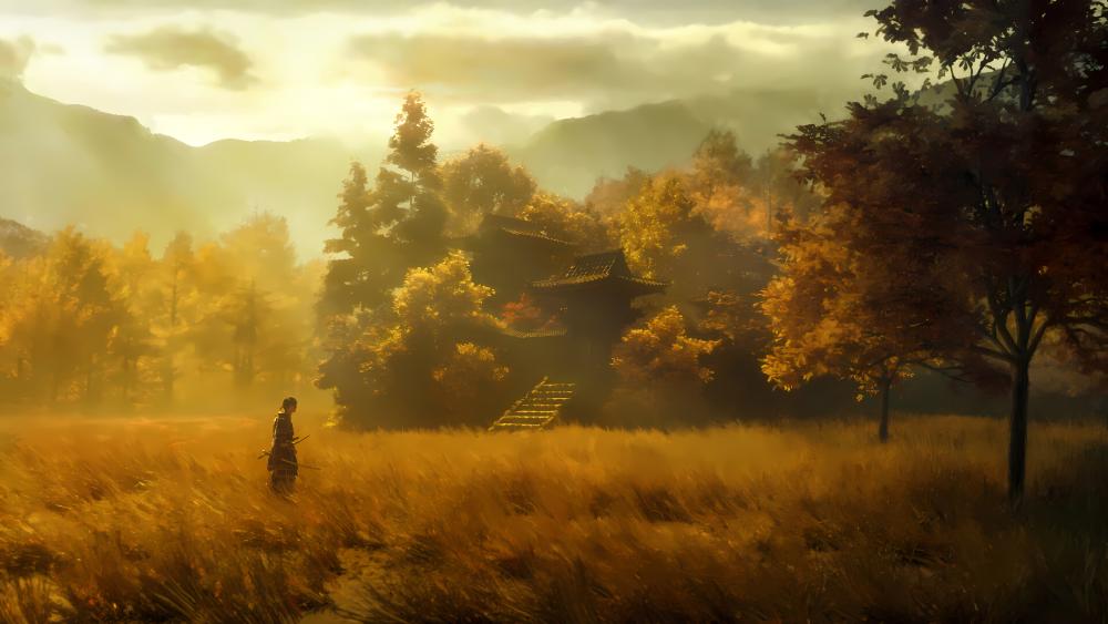 Autumn Serenity with a Lone Samurai in 4K Fantasy Art wallpaper