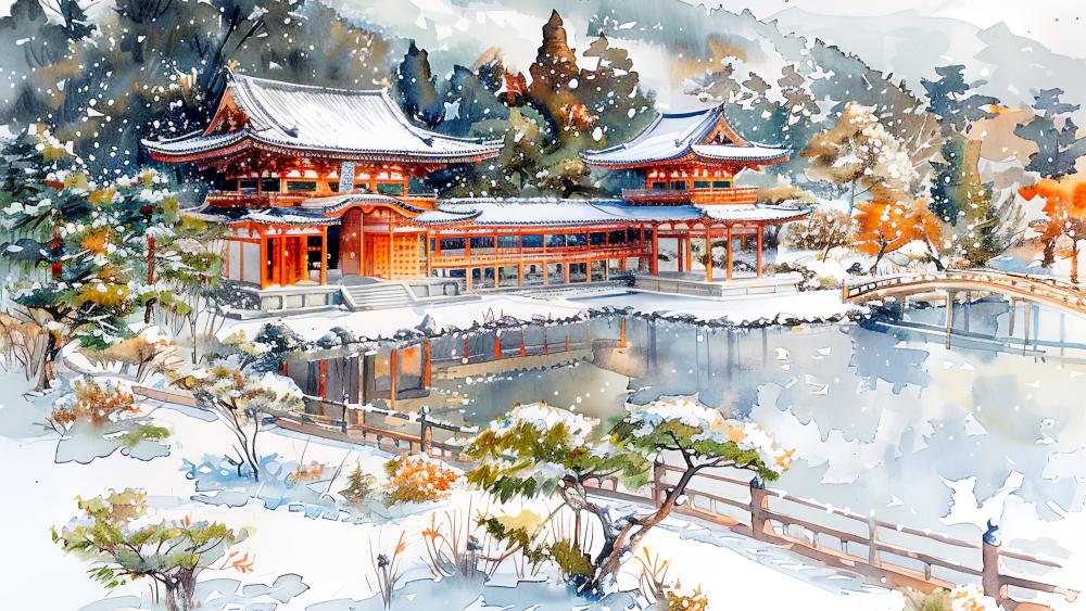 Winter Serenity in Oriental Watercolor Landscape Artwork wallpaper