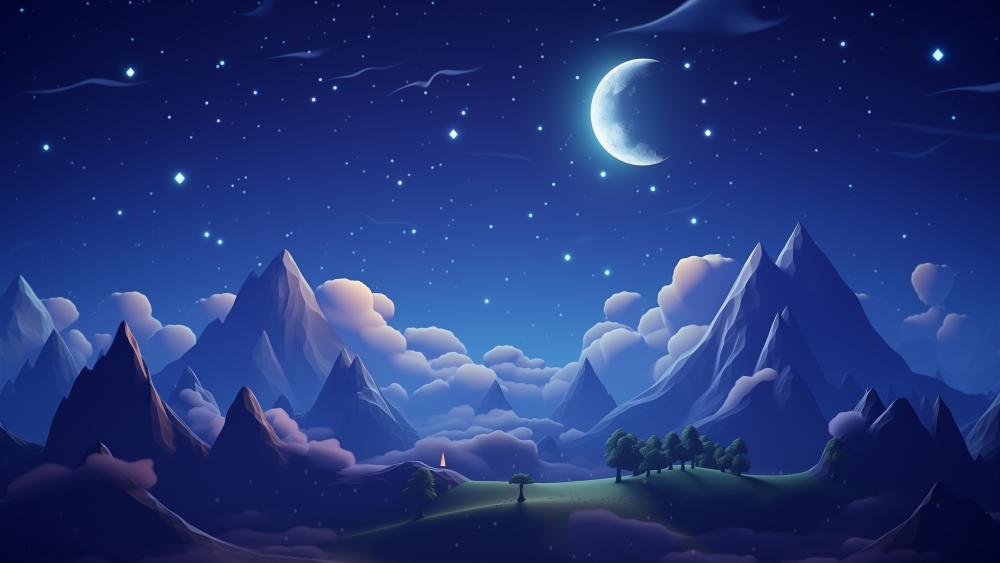 Enchanted Nightscape under Crescent Moon wallpaper