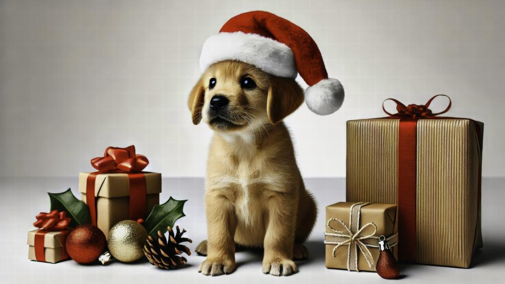 Happy Puppy surrounded with Christmas gifts wallpaper