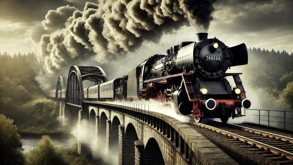 Locomotive train from the past, travelling over a bridge wallpaper