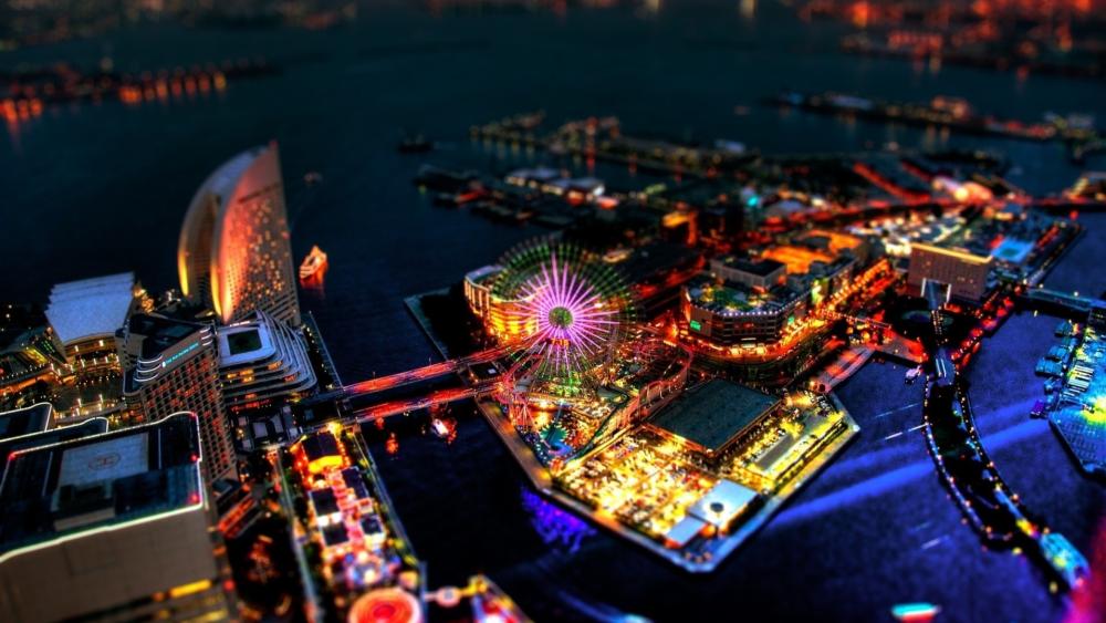 Yokohama's Vibrant Night Cityscape in Tilt-Shift Photography wallpaper