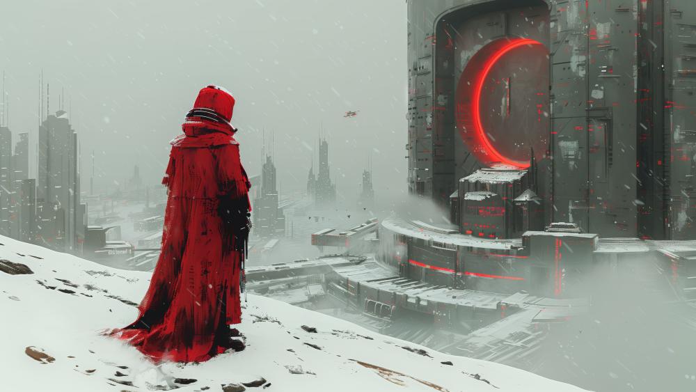 Red Hooded Wanderer in a Snowy Cyberpunk Cityscape wallpaper