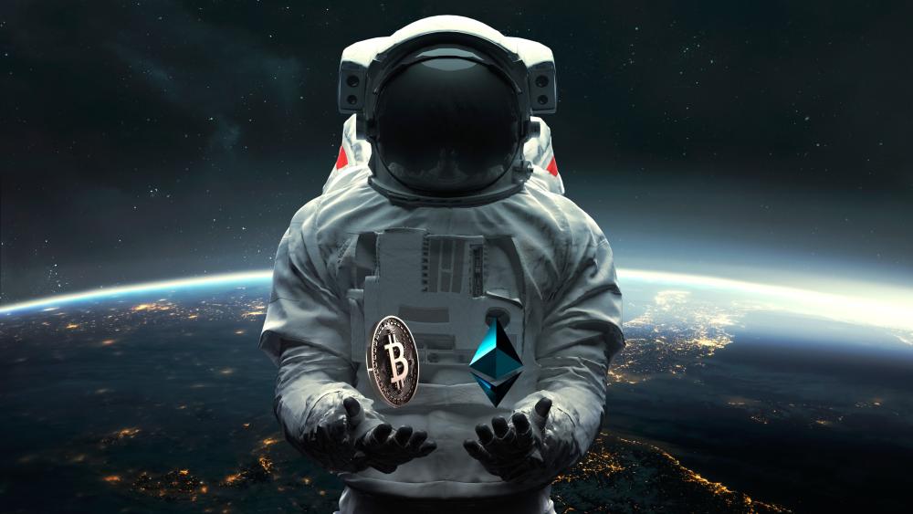 Cosmic Cryptocurrency Adventure: Astronaut's Exploration of 5K Digital Worlds wallpaper