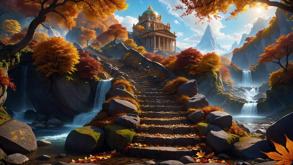 Majestic Autumn Castle Amidst Cascading Waterfalls wallpaper