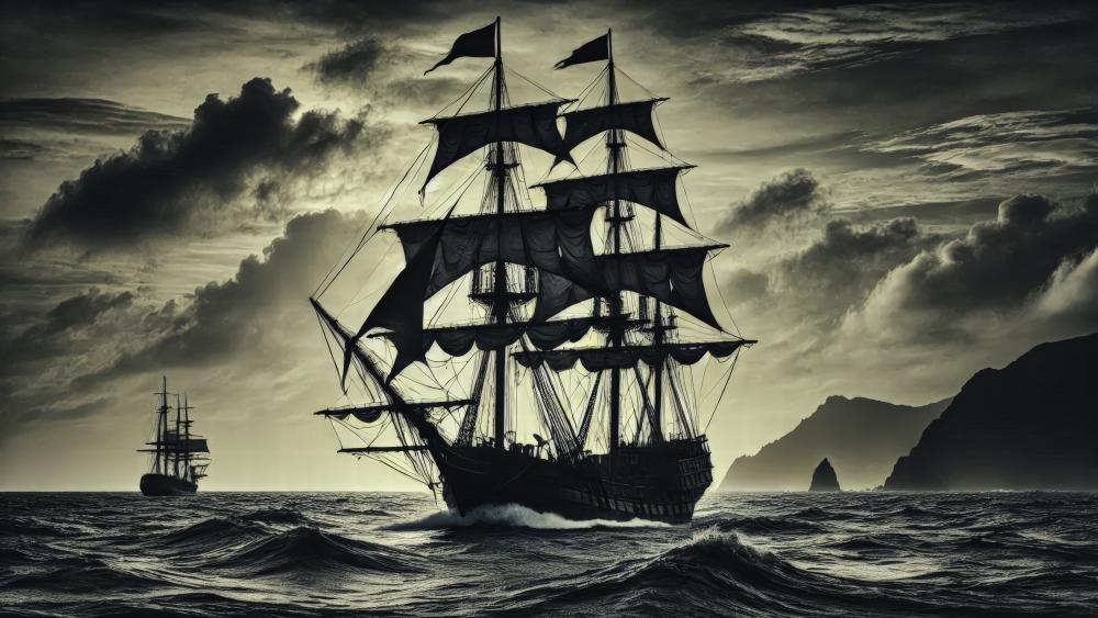 Sailing ship from the past on the rough seas. wallpaper