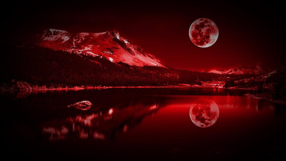 Red-Hued Moonlit Tioga Lake Night Scene wallpaper