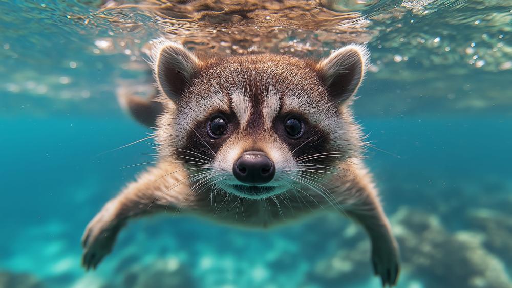 Underwater Adventure with a Raccoon AI Art wallpaper