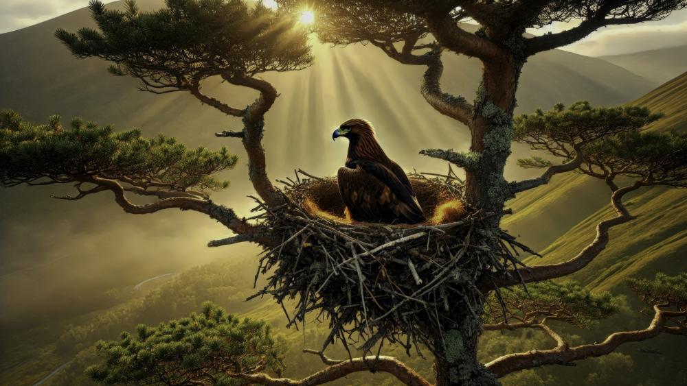 Golden eagle nest on a tree-top wallpaper