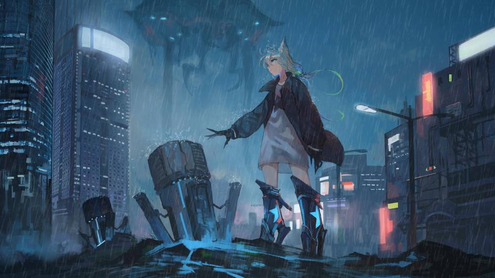 Rainy Apocalypse in a Sci-Fi Cityscape wallpaper