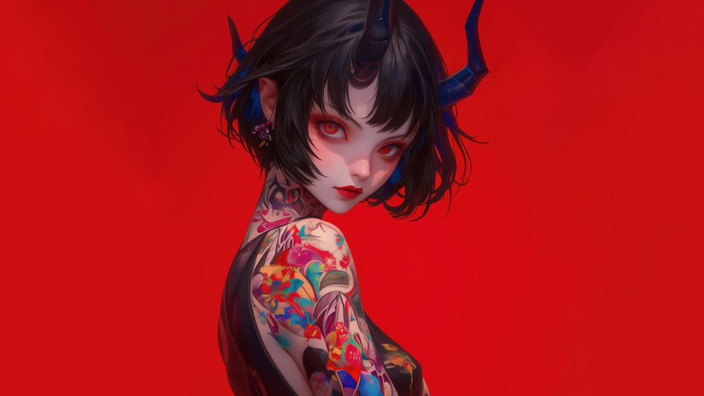 Demon-Infused Grace of a Tattooed Anime Girl wallpaper