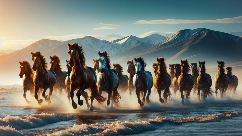 Horse herd galloping on the beach wallpaper