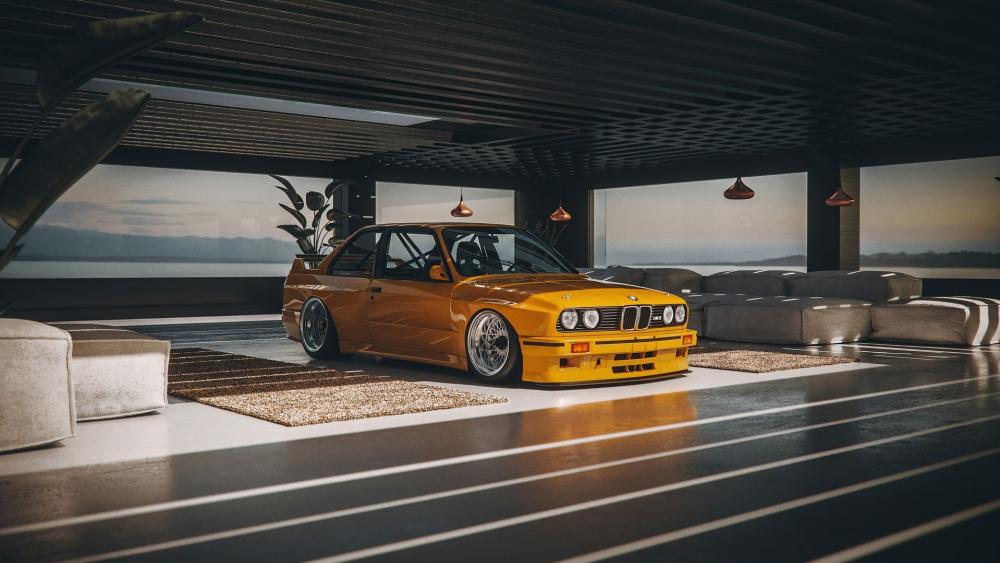 Golden Classic BMW E30 in Modern Setting wallpaper