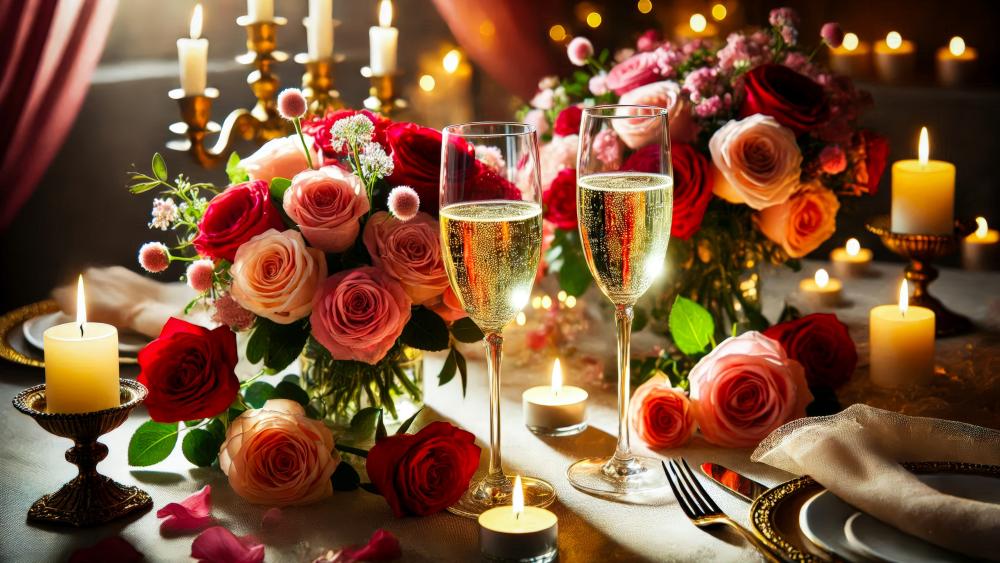 Romantic Dinner Setting with Roses and Champagne wallpaper