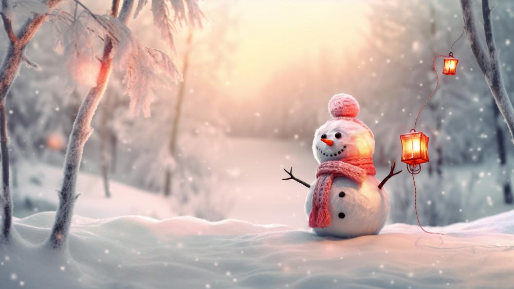 Snowy Christmas Cheer with Snowman AI Art wallpaper