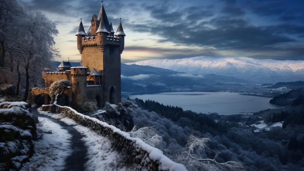 Enchanting Winter Castle in a Fantasy Realm wallpaper