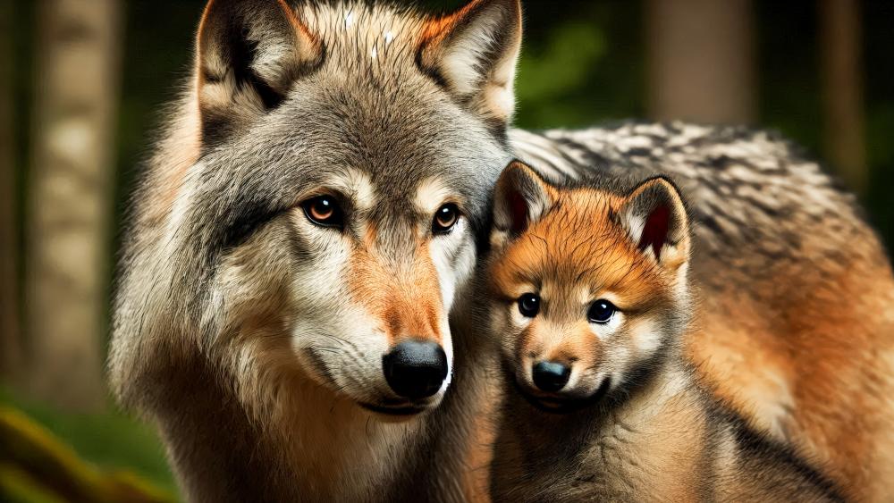 Wolf mother with her cub wallpaper