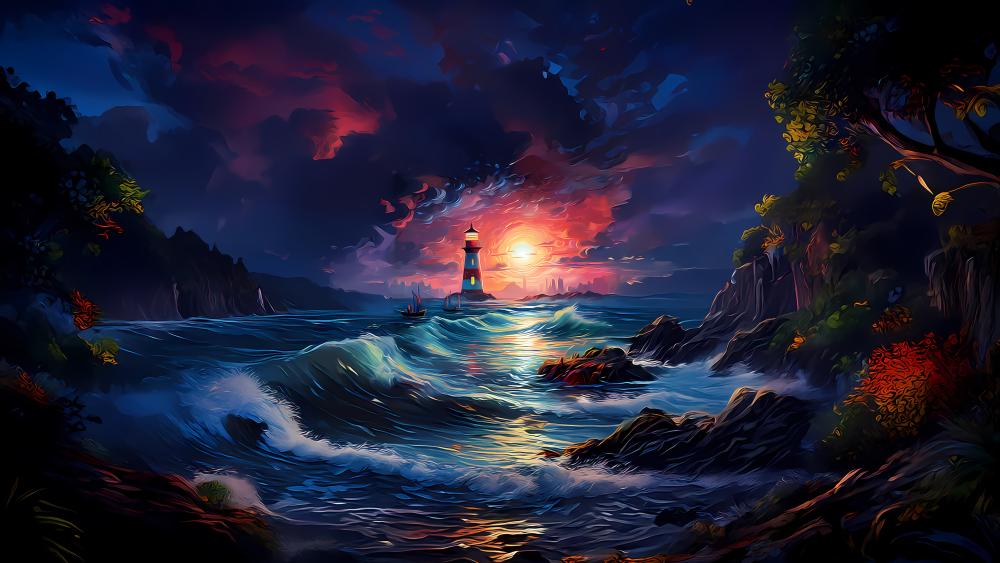 Lighthouse at Dusk in a Mystical Sea wallpaper