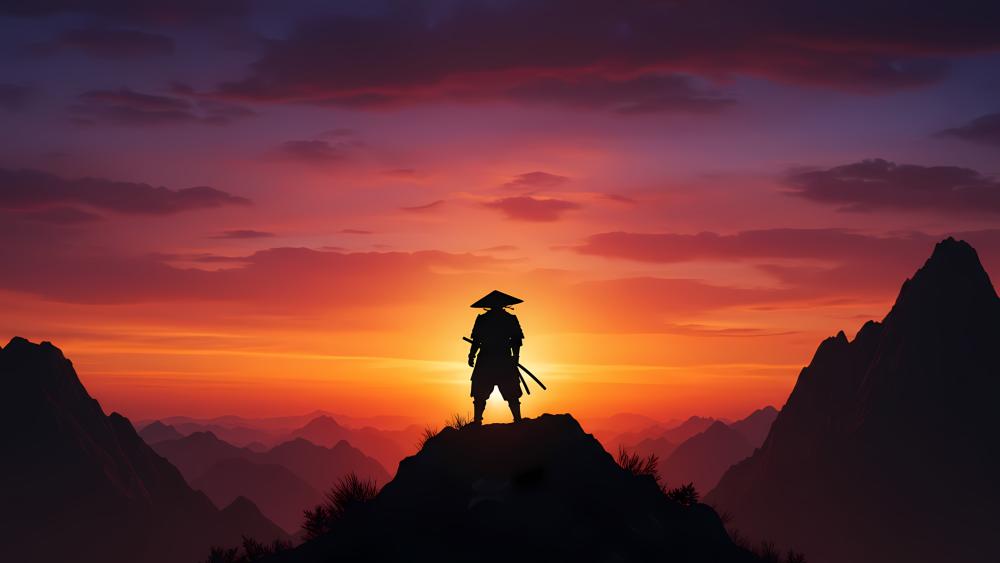 Samurai at Sunset: A Majestic Evening Scene wallpaper