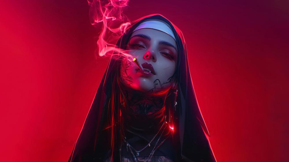 Cyberpunk Vampire Nun Ascends in Smoky Aura wallpaper