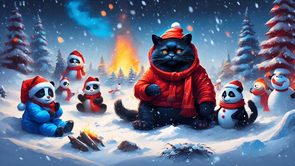 Christmas Cheer with a Black Cat and Snowmen wallpaper