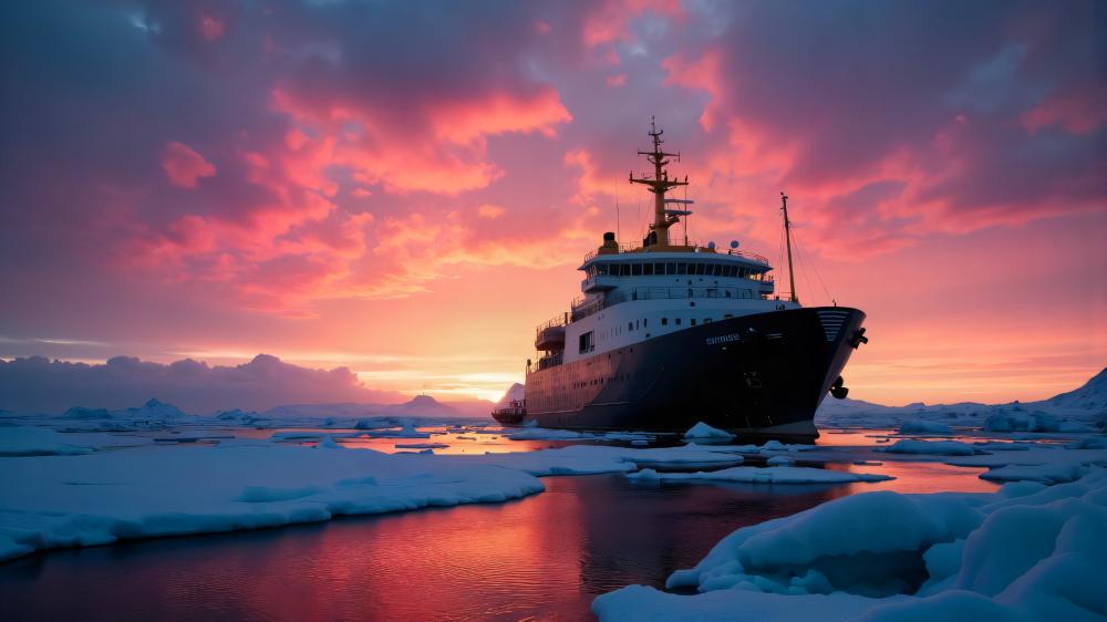 Arctic Voyage Amidst a Fiery Sunset wallpaper