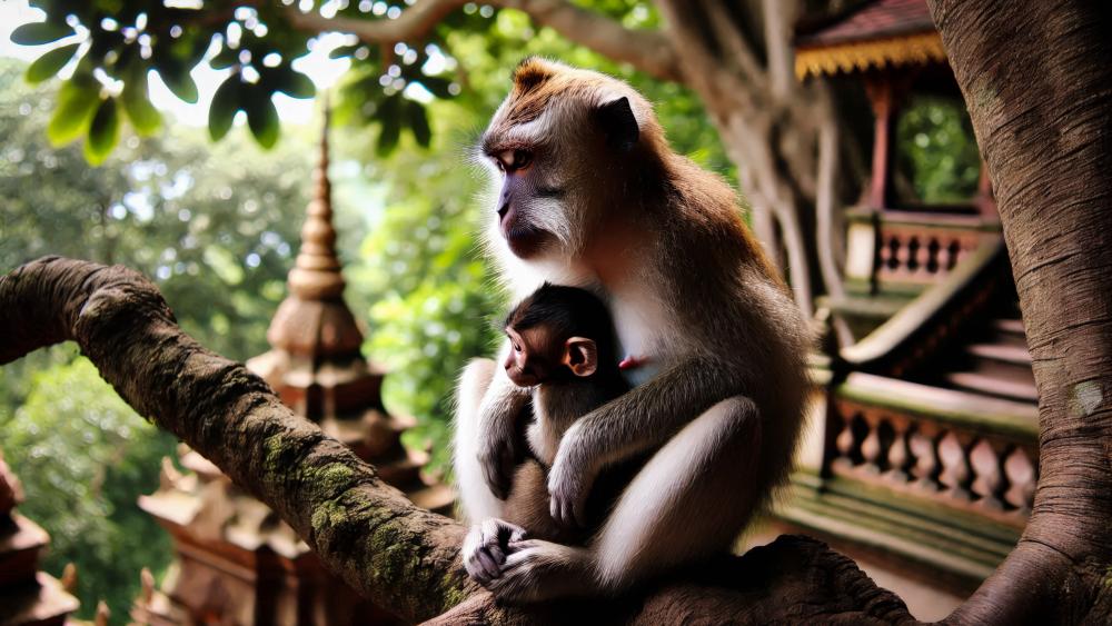 Monkey Mother with her baby in an Asian Buddhist temple background wallpaper