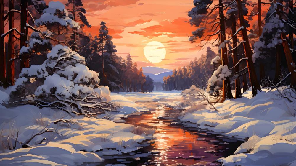 Winter's Whisper at Sunset in Fantasy Creek wallpaper