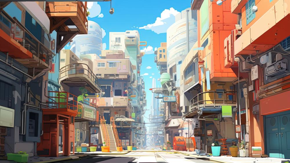 Vibrant Urban Anime Street Scene in 5K Art Style wallpaper